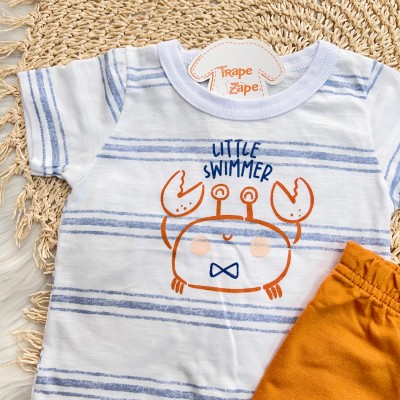 Conj. Camiseta Little Swimmer Listrado e Bermuda - Branco e Laranja